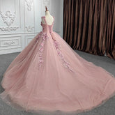 Ball Gown with Off-Shoulder Straps & 3D Floral Lace Appliques Rose Pink Tulle Quinceanera Dress for Sweet 16